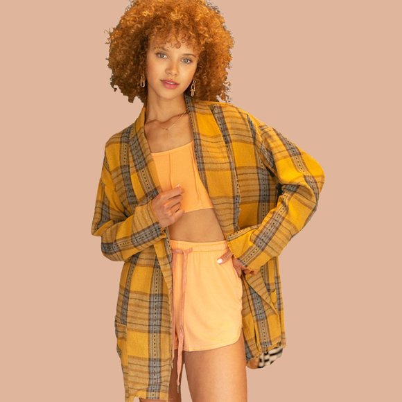 POL Oversized Boho Yellow and Blue Plaid Blazer Jacket - Picture 7 of 11